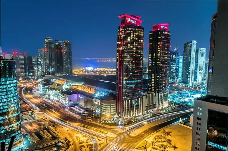 Doha city skyline at night featuring illuminated skyscrapers and the Marriott Marquis hotel, with busy highways and modern buildings in the foreground.